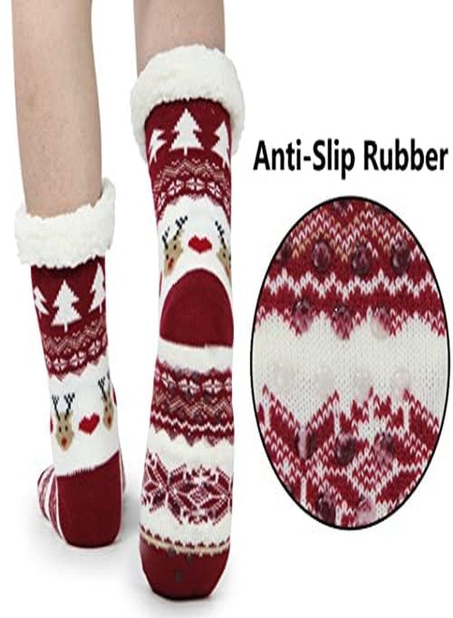 BenSorts Womens Christmas Slipper Socks with grippers Winter Warm House Indoor Fleece Lining Fuzzy Soft Sherpa House Cozy Socks Holiday Gift Christmas Red Red 2 Pairs - Image 3